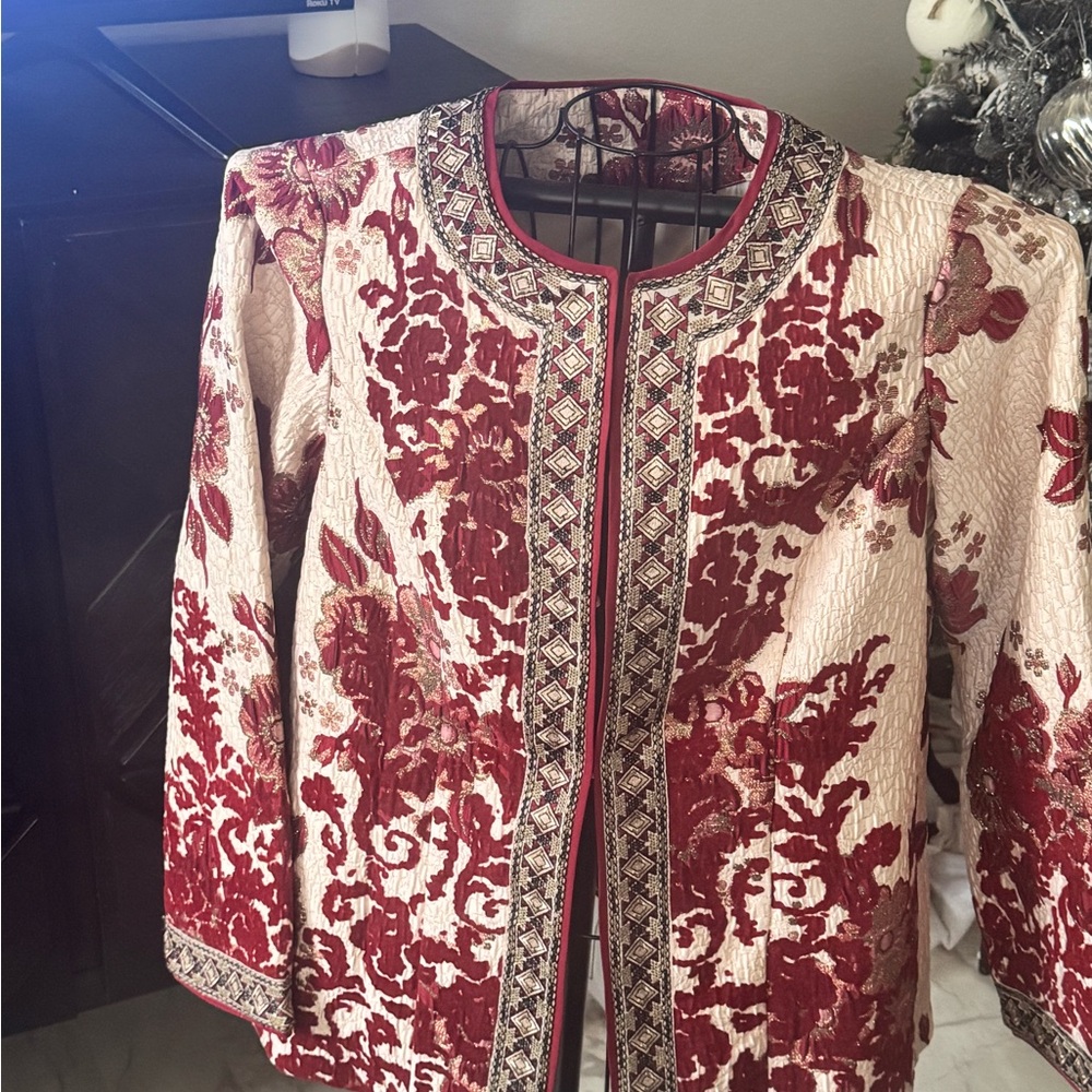 Soft Surroundings Red and Cream Floral Blazer